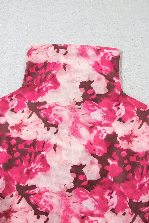 Botanical Print Sheer Mesh Flounce Sleeve Blouse