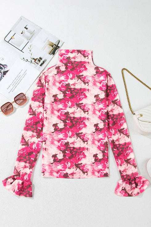 Botanical Print Sheer Mesh Flounce Sleeve Blouse
