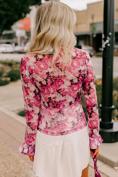 Botanical Print Sheer Mesh Flounce Sleeve Blouse