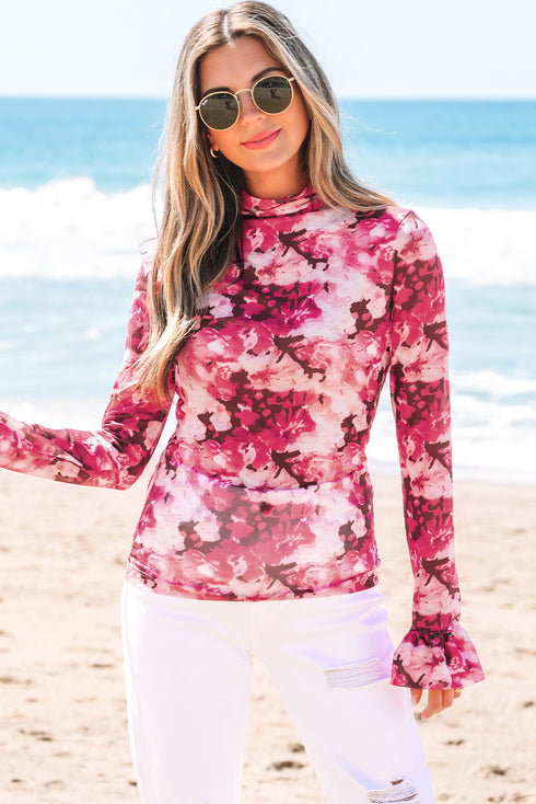 Botanical Print Sheer Mesh Flounce Sleeve Blouse