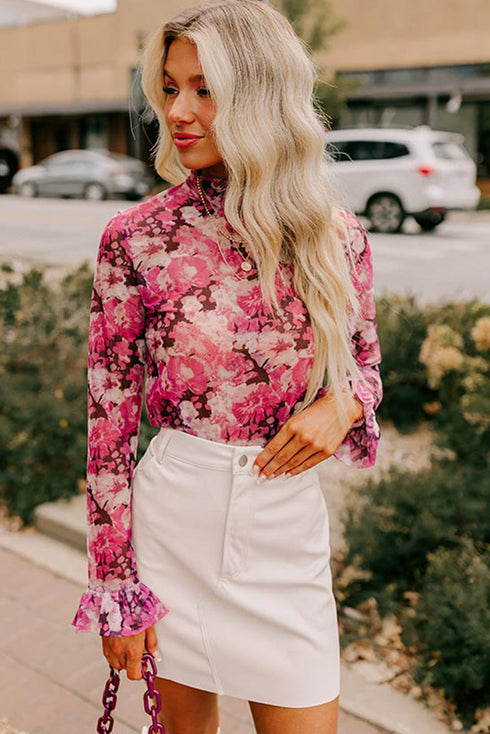 Botanical Print Sheer Mesh Flounce Sleeve Blouse