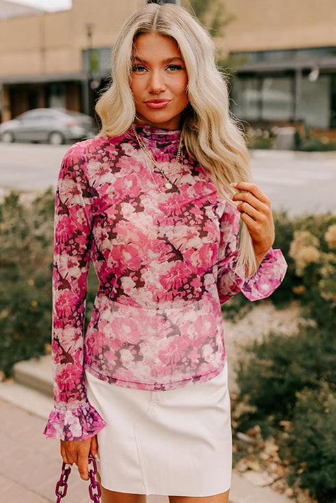 Botanical Print Sheer Mesh Flounce Sleeve Blouse