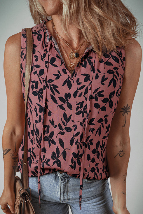 Botanical Print Tie Neck Ruffle Detail Blouse