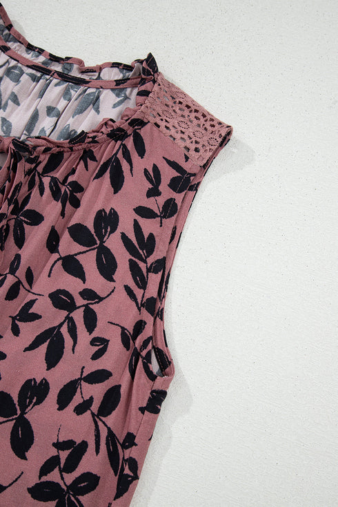 Botanical Print Tie Neck Ruffle Detail Blouse