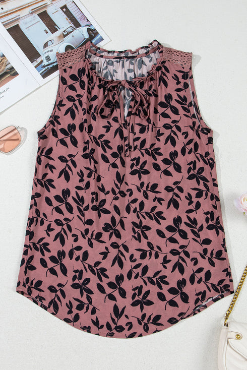 Botanical Print Tie Neck Ruffle Detail Blouse