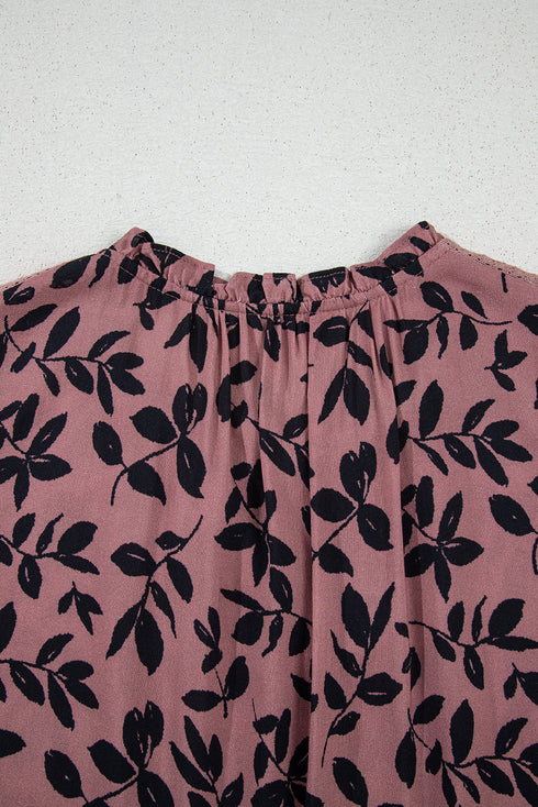 Botanical Print Tie Neck Ruffle Detail Blouse