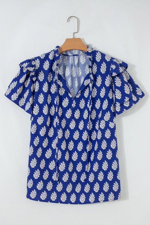 Botanical Print Tie V Neck Ruffle Short Sleeve Blouse