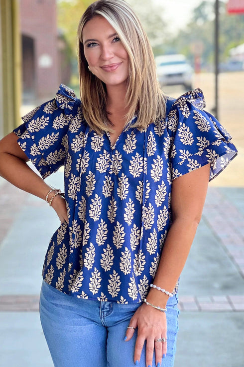Botanical Print Tie V Neck Ruffle Short Sleeve Blouse
