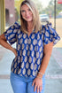 Botanical Print Tie V Neck Ruffle Short Sleeve Blouse