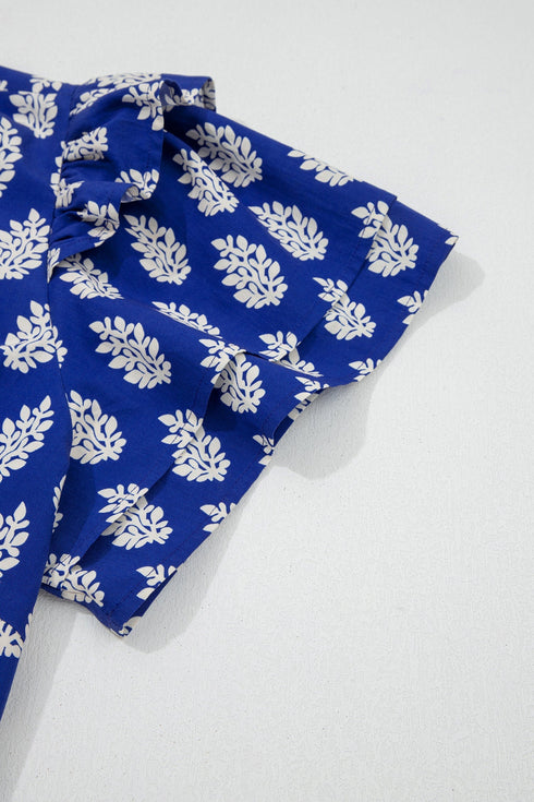 Botanical Print Tie V Neck Ruffle Short Sleeve Blouse