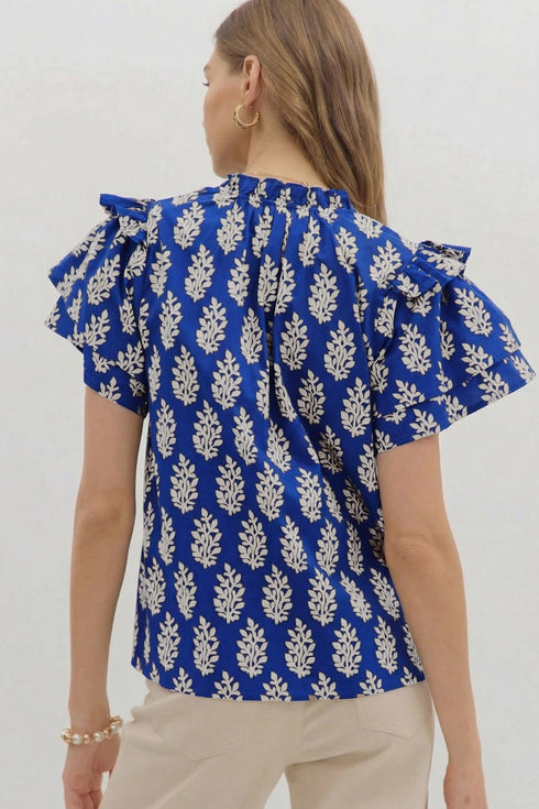 Botanical Print Tie V Neck Ruffle Short Sleeve Blouse