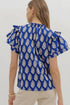 Botanical Print Tie V Neck Ruffle Short Sleeve Blouse
