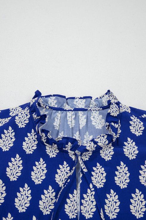 Botanical Print Tie V Neck Ruffle Short Sleeve Blouse