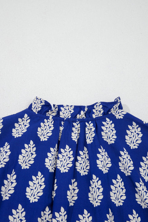 Botanical Print Tie V Neck Ruffle Short Sleeve Blouse