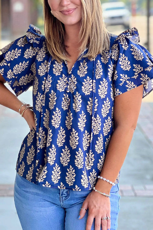 Botanical Print Tie V Neck Ruffle Short Sleeve Blouse