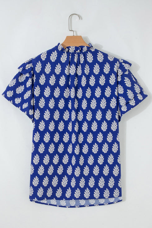 Botanical Print Tie V Neck Ruffle Short Sleeve Blouse