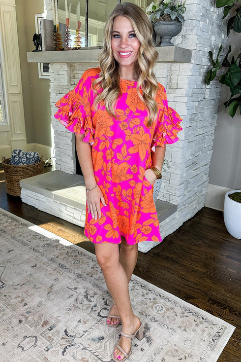 Botanical Print Tiered Ruffle Sleeve Shift Dress