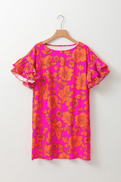 Botanical Print Tiered Ruffle Sleeve Shift Dress