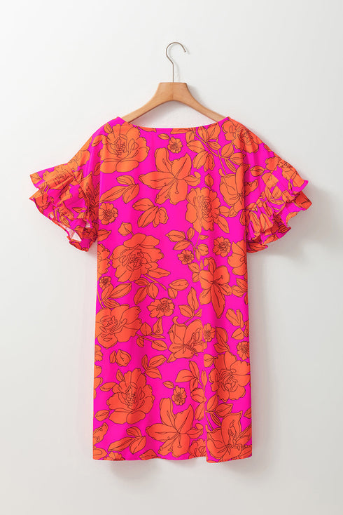 Botanical Print Tiered Ruffle Sleeve Shift Dress
