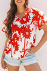 Botanical Print Tiered Ruffled Sleeve V Neck Blouse