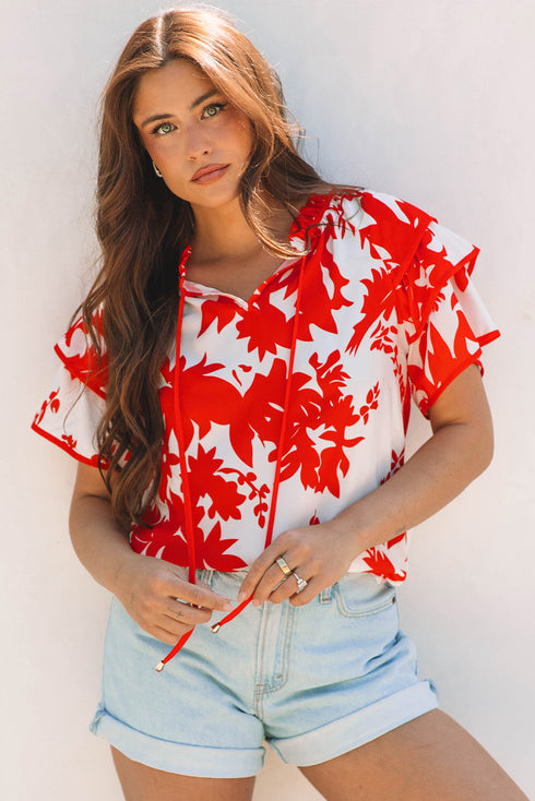 Botanical Print Tiered Ruffled Sleeve V Neck Blouse