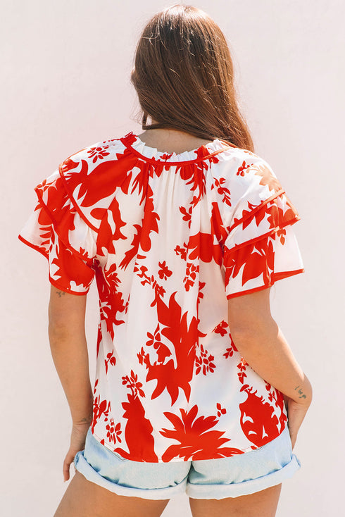 Botanical Print Tiered Ruffled Sleeve V Neck Blouse
