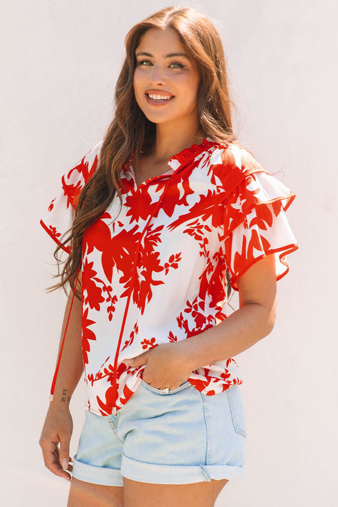 Botanical Print Tiered Ruffled Sleeve V Neck Blouse