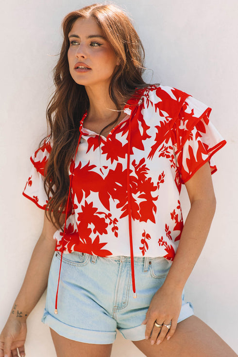 Botanical Print Tiered Ruffled Sleeve V Neck Blouse