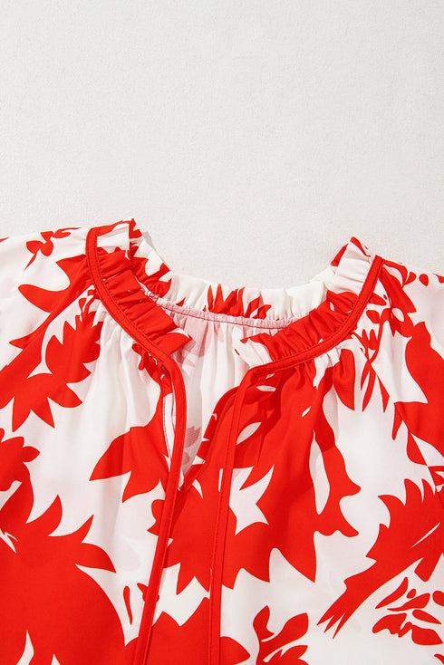 Botanical Print Tiered Ruffled Sleeve V Neck Blouse