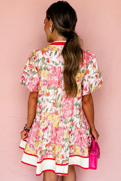 Botanical Print V Neck Ruffle Hem A Line Floral Dress