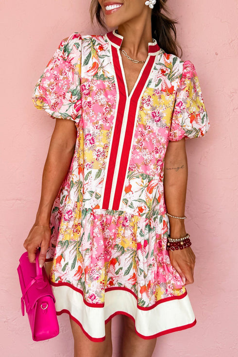 Botanical Print V Neck Ruffle Hem A Line Floral Dress