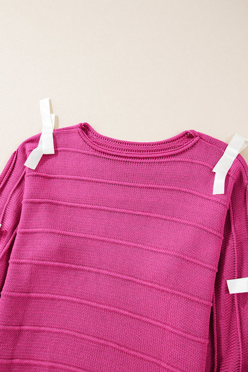 Bow Accent Textured Knit Long Sleeve Sweater