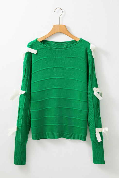 Bow Accent Textured Knit Long Sleeve Sweater