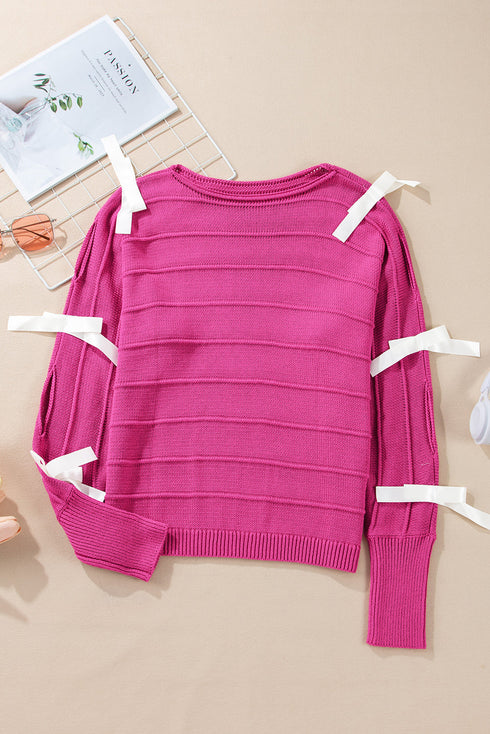 Bow Accent Textured Knit Long Sleeve Sweater