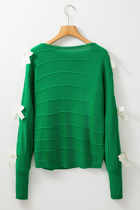 Bow Accent Textured Knit Long Sleeve Sweater