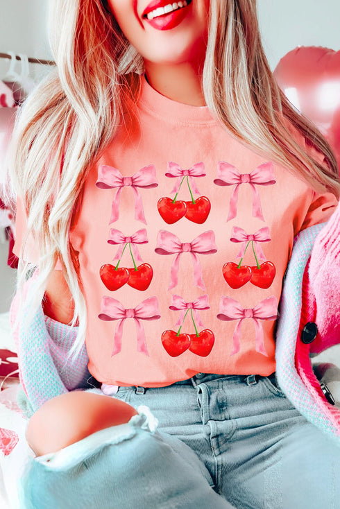 Bow And Cherry Print Short Sleeve Crew Neck Tee