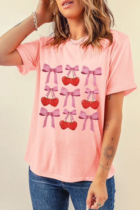Bow And Cherry Print Short Sleeve Crew Neck Tee
