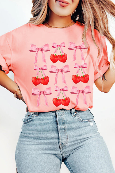 Bow And Cherry Print Short Sleeve Crew Neck Tee