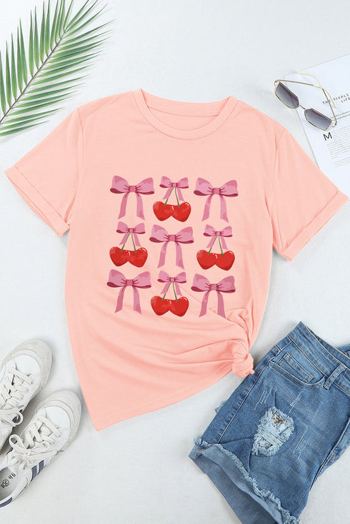 Bow And Cherry Print Short Sleeve Crew Neck Tee