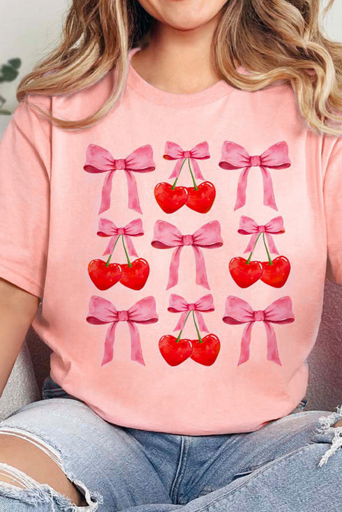 Bow And Cherry Print Short Sleeve Crew Neck Tee