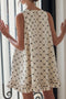 Bow Checker Pearled Buttons Back Ruffled Sleeveless Mini Dress