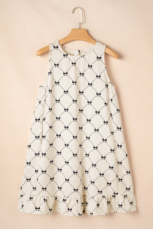 Bow Checker Pearled Buttons Back Ruffled Sleeveless Mini Dress