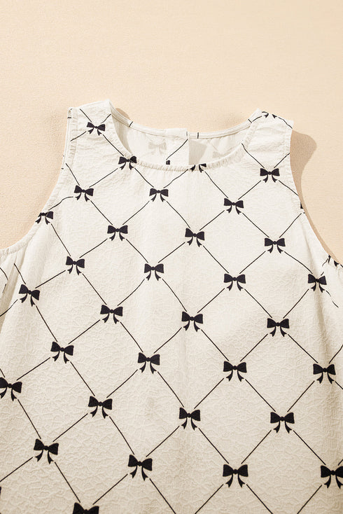 Bow Checker Pearled Buttons Back Ruffled Sleeveless Mini Dress