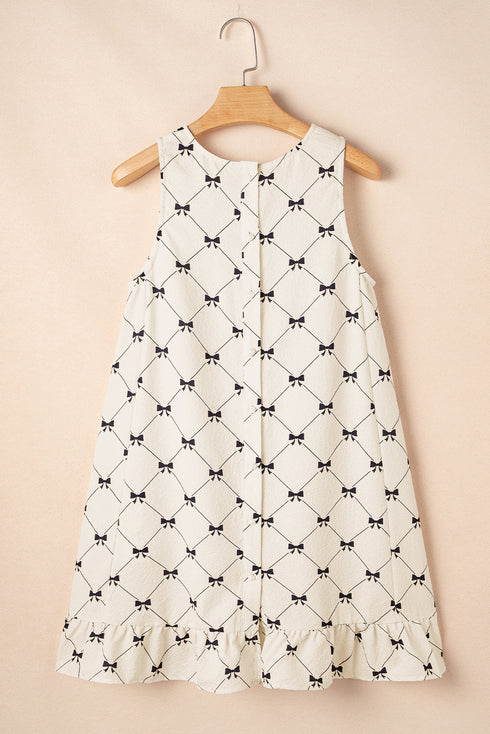 Bow Checker Pearled Buttons Back Ruffled Sleeveless Mini Dress