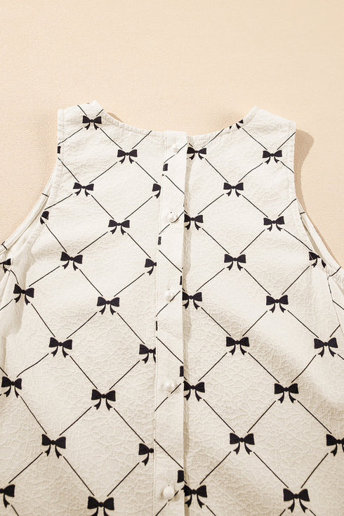 Bow Checker Pearled Buttons Back Ruffled Sleeveless Mini Dress