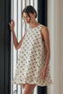 Bow Checker Pearled Buttons Back Ruffled Sleeveless Mini Dress