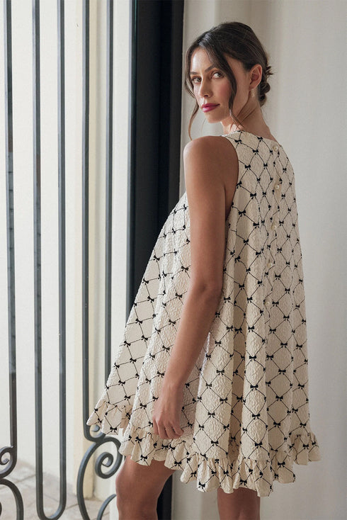 Bow Checker Pearled Buttons Back Ruffled Sleeveless Mini Dress
