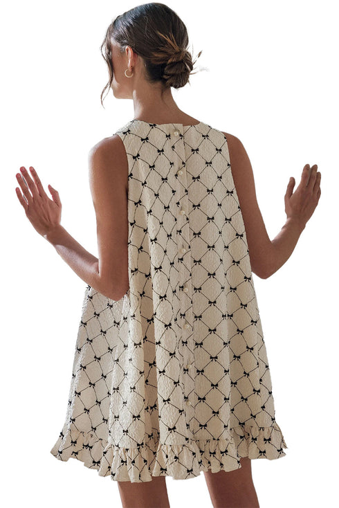 Bow Checker Pearled Buttons Back Ruffled Sleeveless Mini Dress