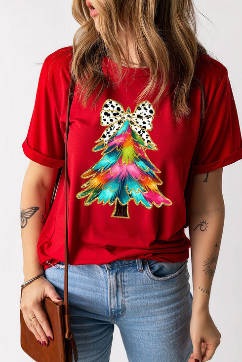 Bow Decor Tree Graphic Print Crew Neck Tee
