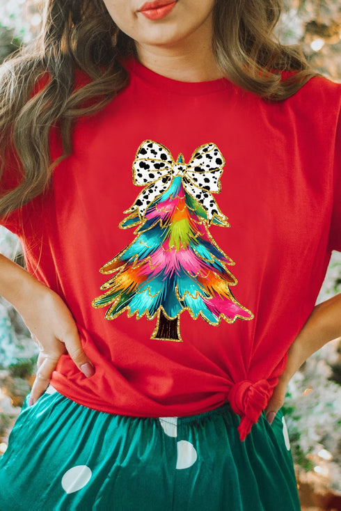 Bow Decor Tree Graphic Print Crew Neck Tee